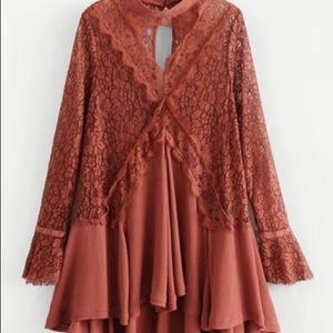 Brown Asymmetrical Lace Dress